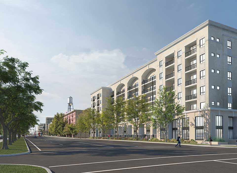 Rendering of Hardware District buildings on tree lined streets.