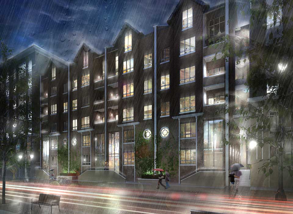 Rendering of a rainy night outside Hardware District with warmly lit windows and trails of car tail lights passing by.