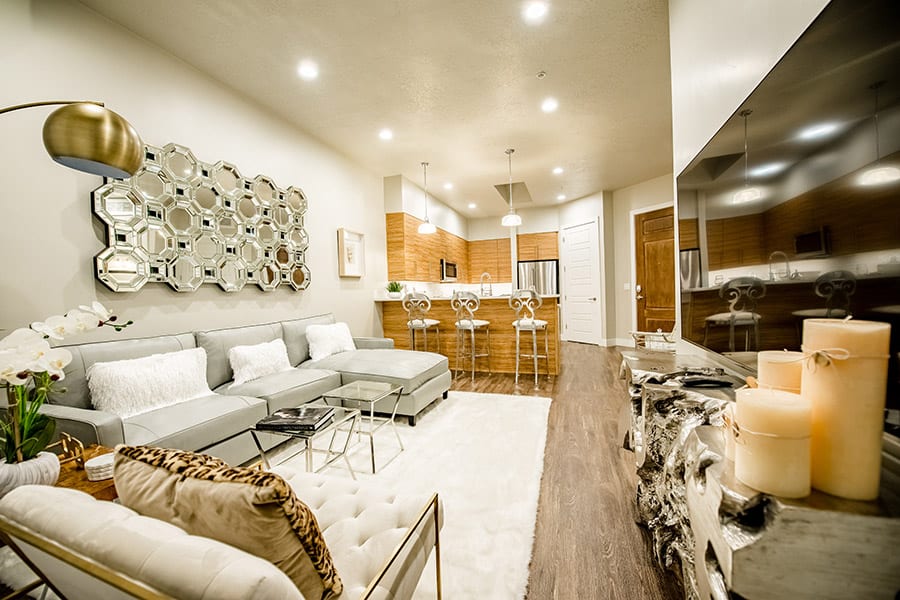 Living room with plush rug, comfortable couches, and metallic console table with television.